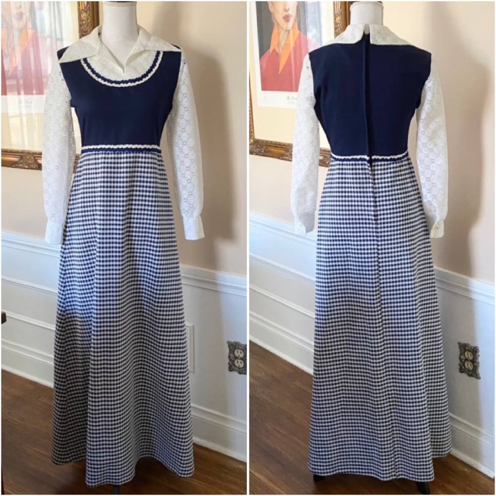 Vintage 70s Navy Houndstooth Maxi Dress